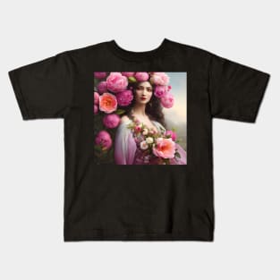 The Goddess of the Spring with Giant Pink Peonies Kids T-Shirt